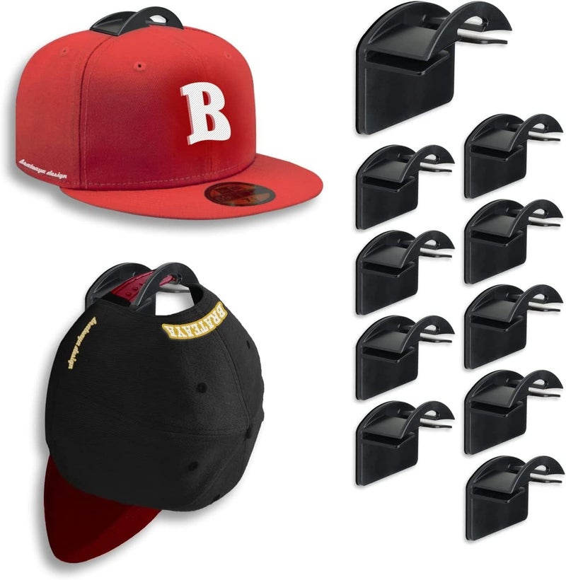 BRATEAYA Adhesive Hat Hooks for Wall– Extra Large Hat Rack for Baseball Cap, Ball Cap Holder for Home Decor, Hat Organizer No Drilling for Walls/Closets, Double Hanging & Minimalist Display, 10 PACK (Black) - Image 1